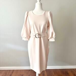 Calvin Klein Pale Peach Crepe Balloon Sleeve Belted Sheath women’s size 12 NEW